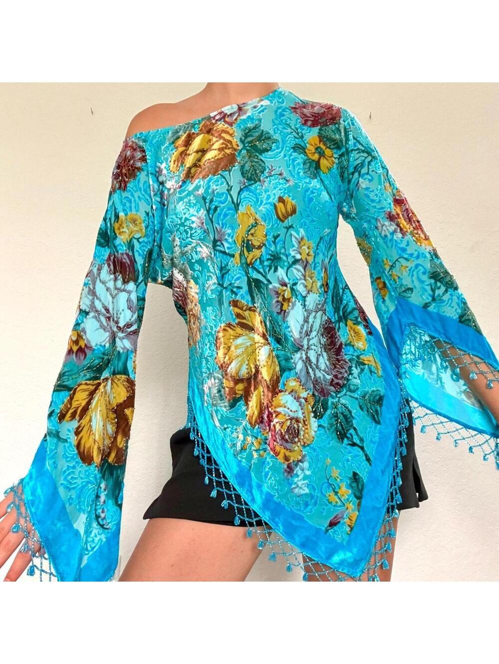 Blue silk floral beaded asymmetrical top with beaded fringe